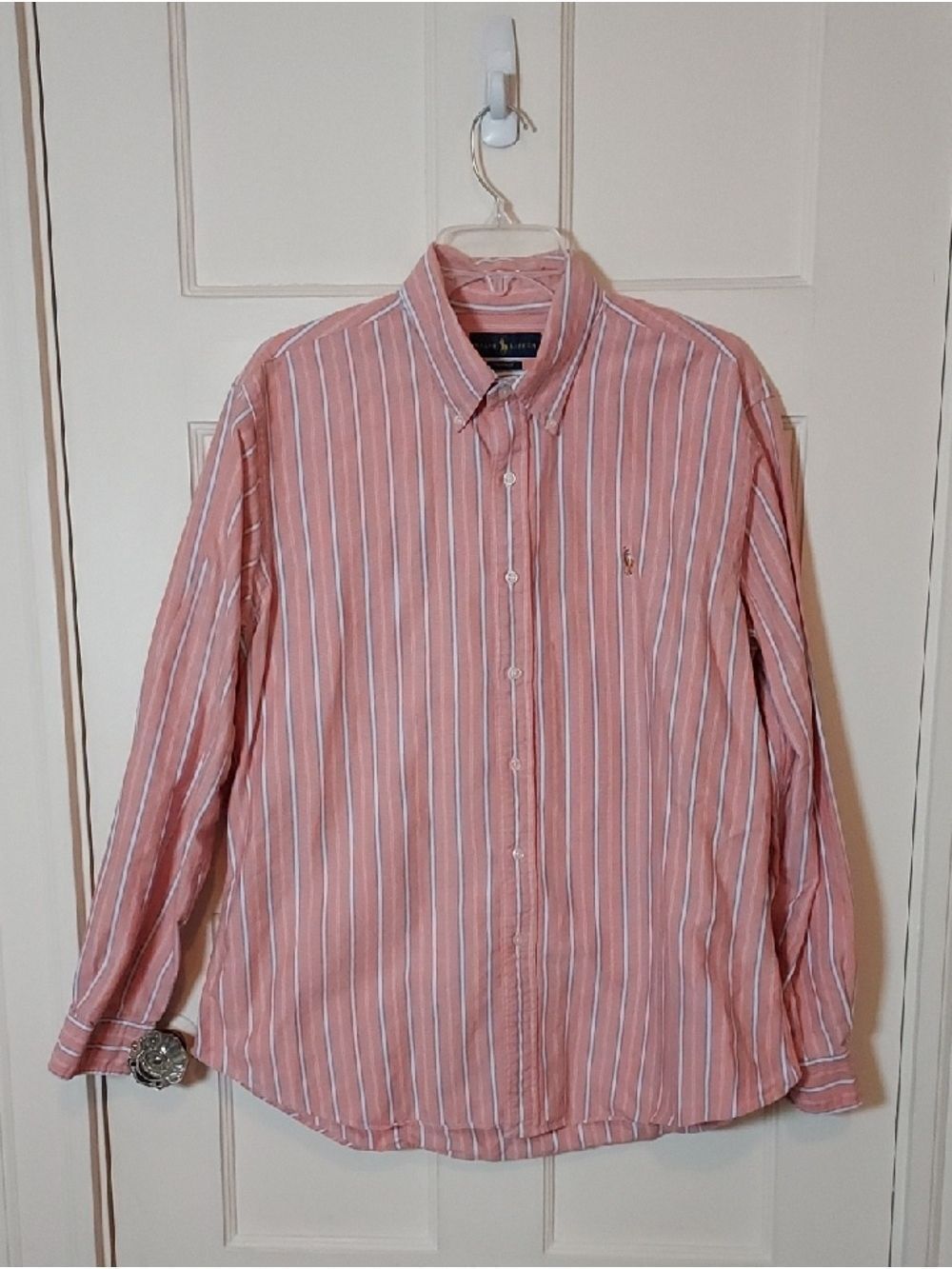Ralph Lauren Custom Fit Striped Oxford Button Down In Pink And Blue Size XL